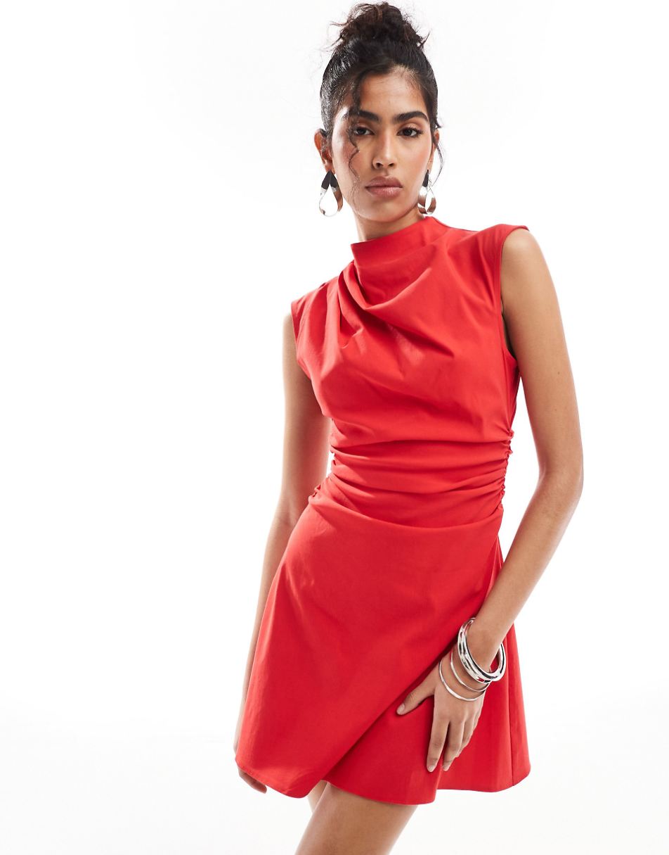 ASOS DESIGN bengaline high neck sleeveless mini dress with ruching detail in red