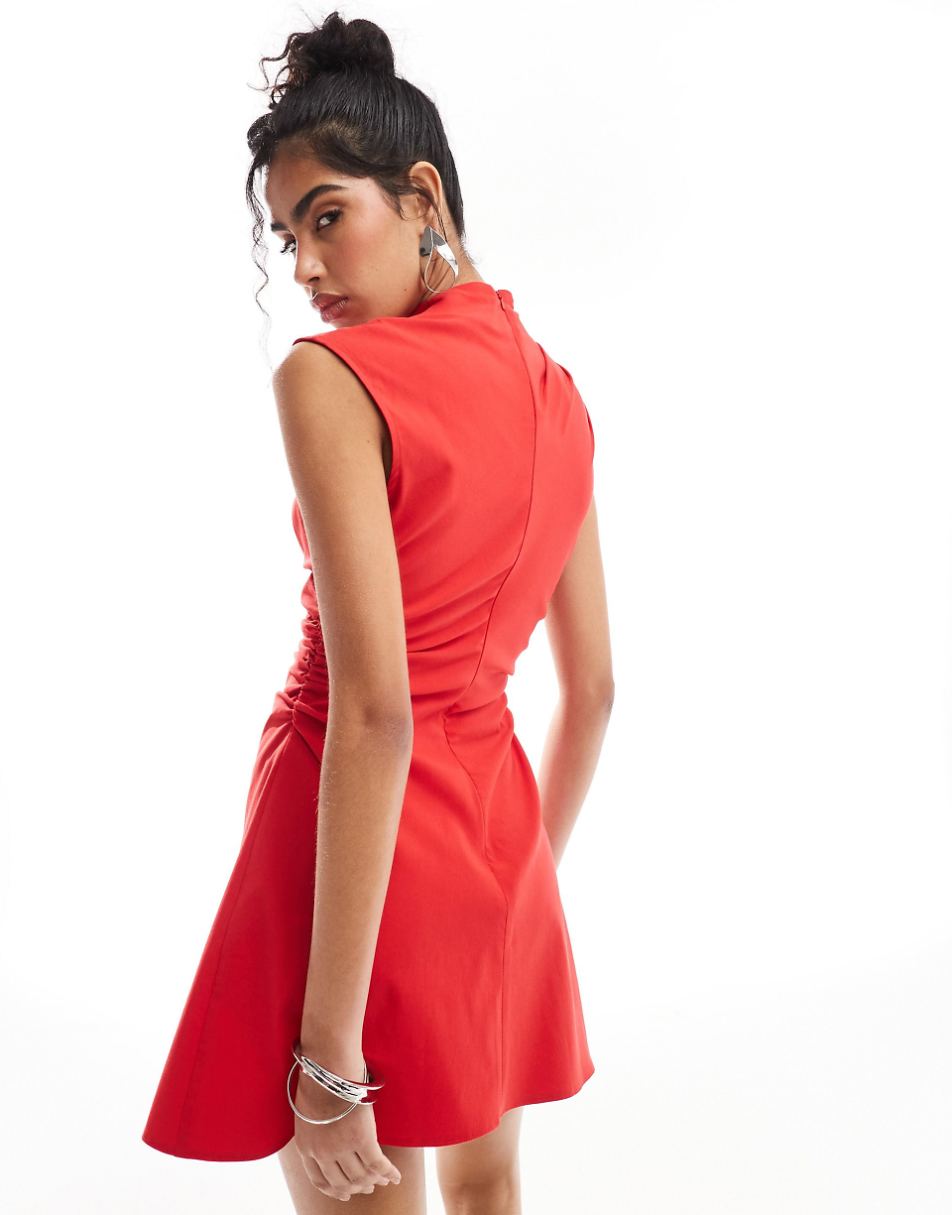 ASOS DESIGN bengaline high neck sleeveless mini dress with ruching detail in red