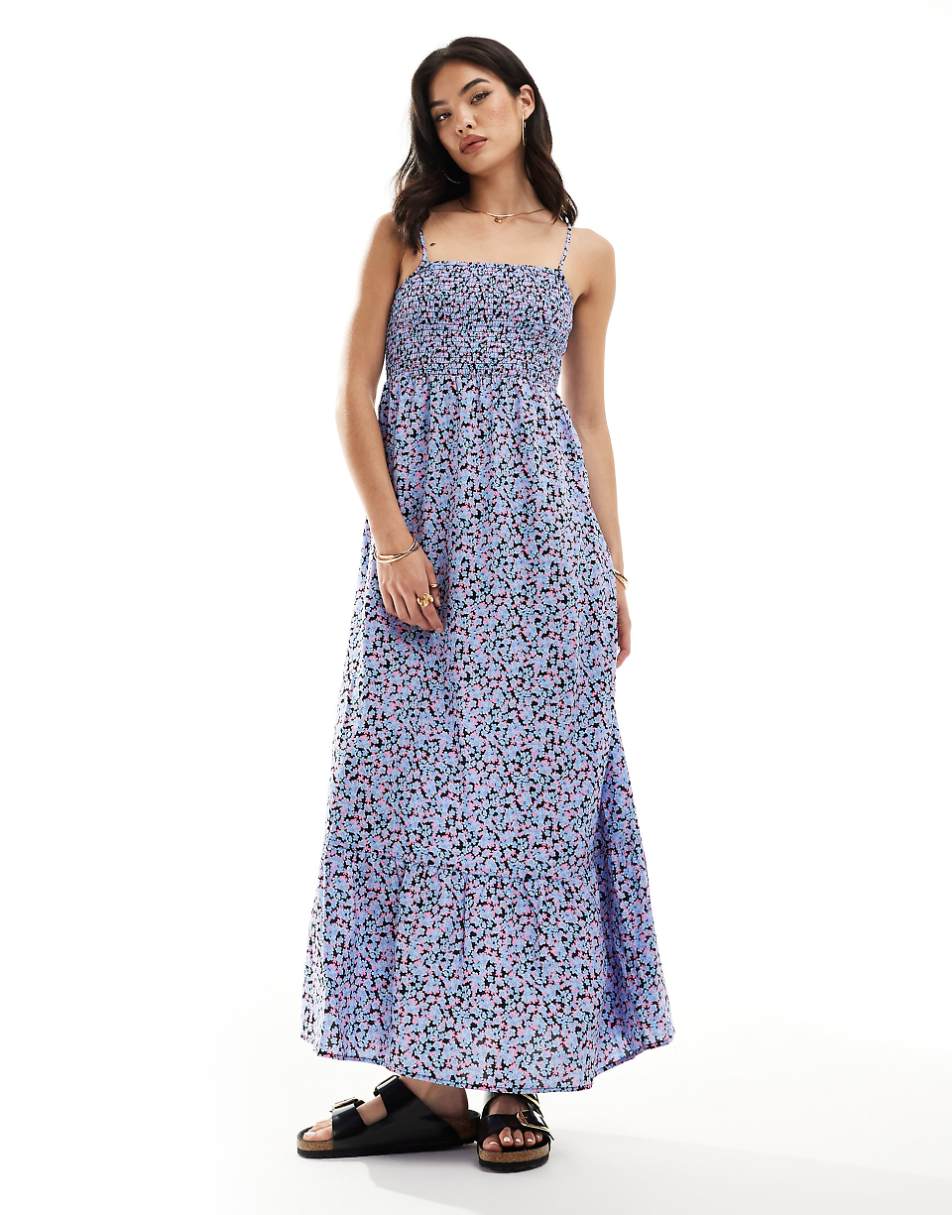 Vero Moda smocked bust maxi dress in blue floral print