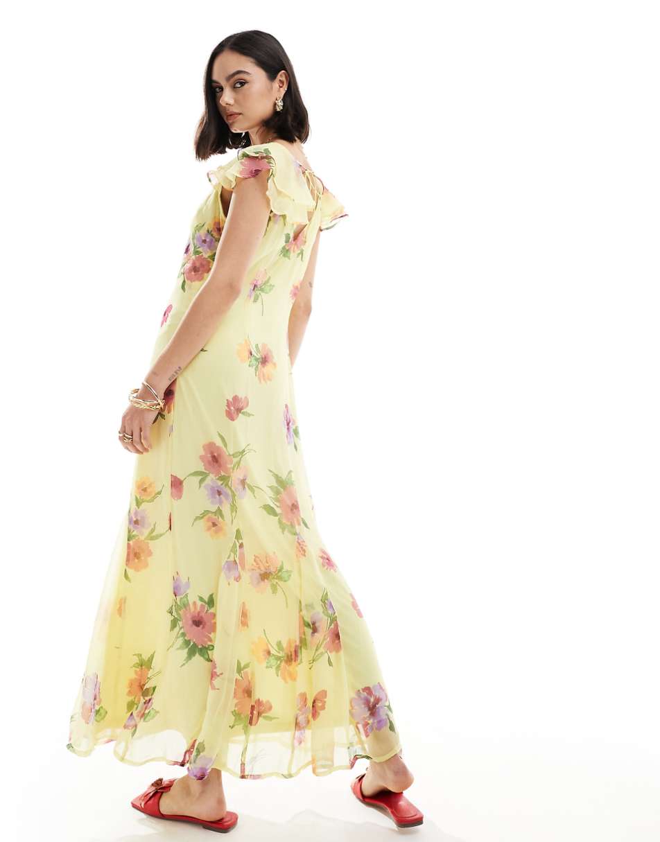 Vero Moda frill sleeve maxi dress in lemon floral