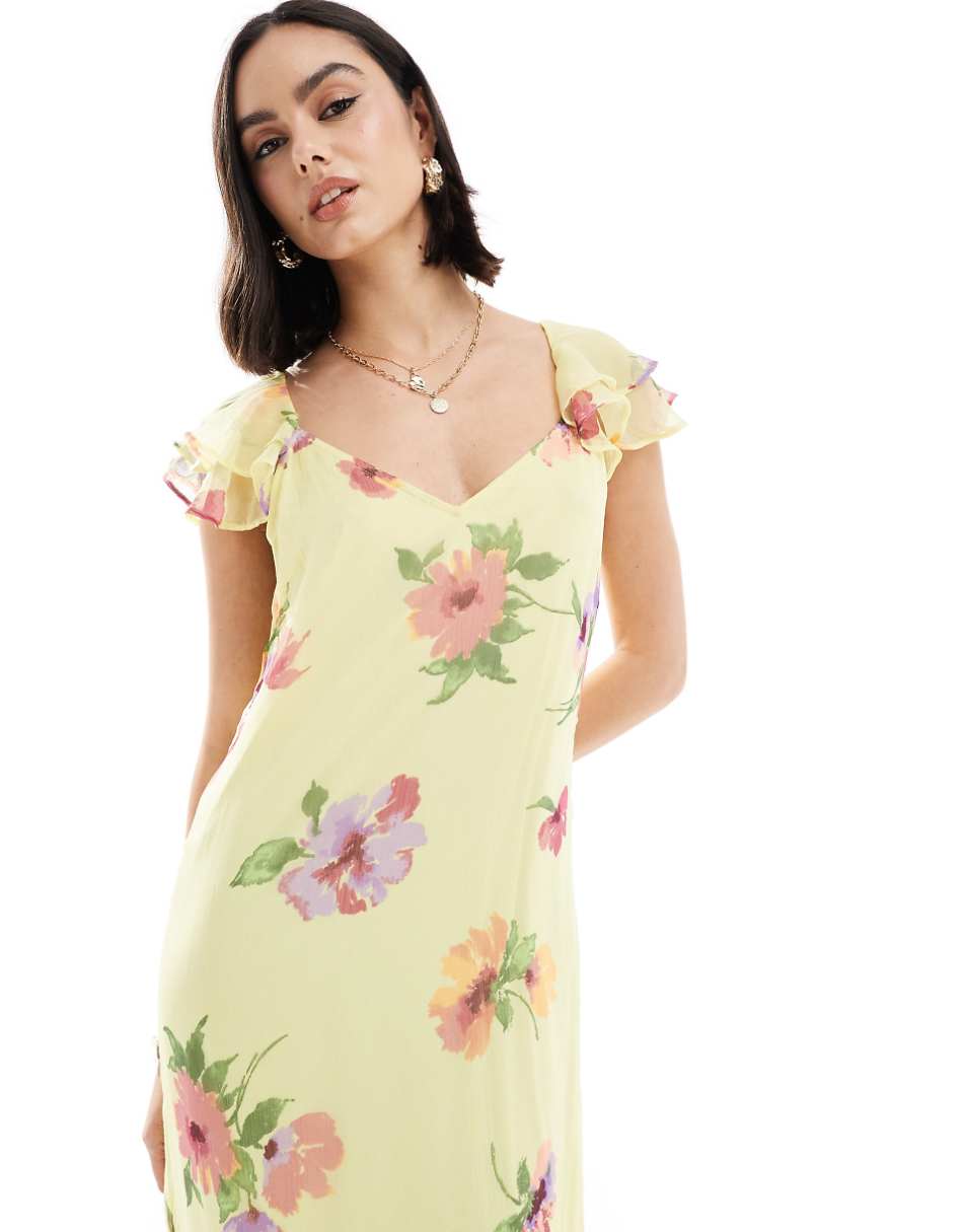 Vero Moda frill sleeve maxi dress in lemon floral