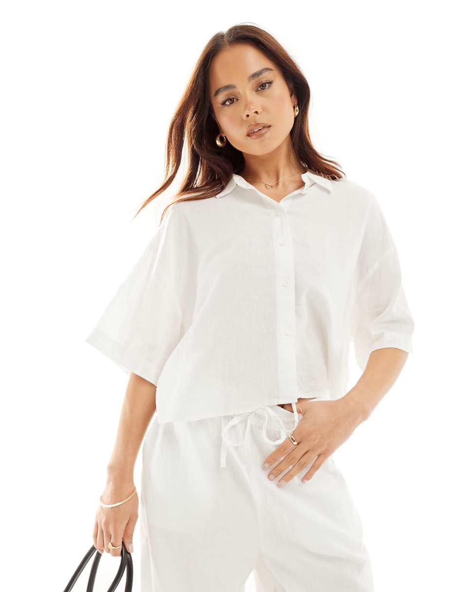 Vero Moda linen boxy short sleeve shirt in white - part of a set