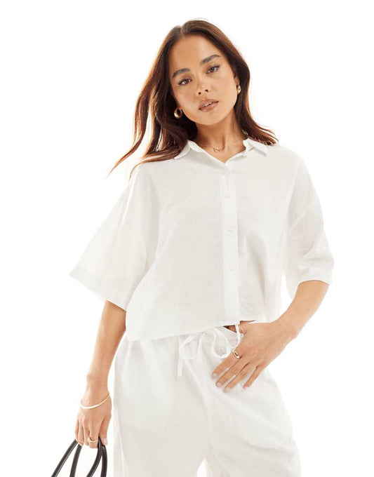 Vero Moda linen boxy short sleeve shirt in white - part of a set