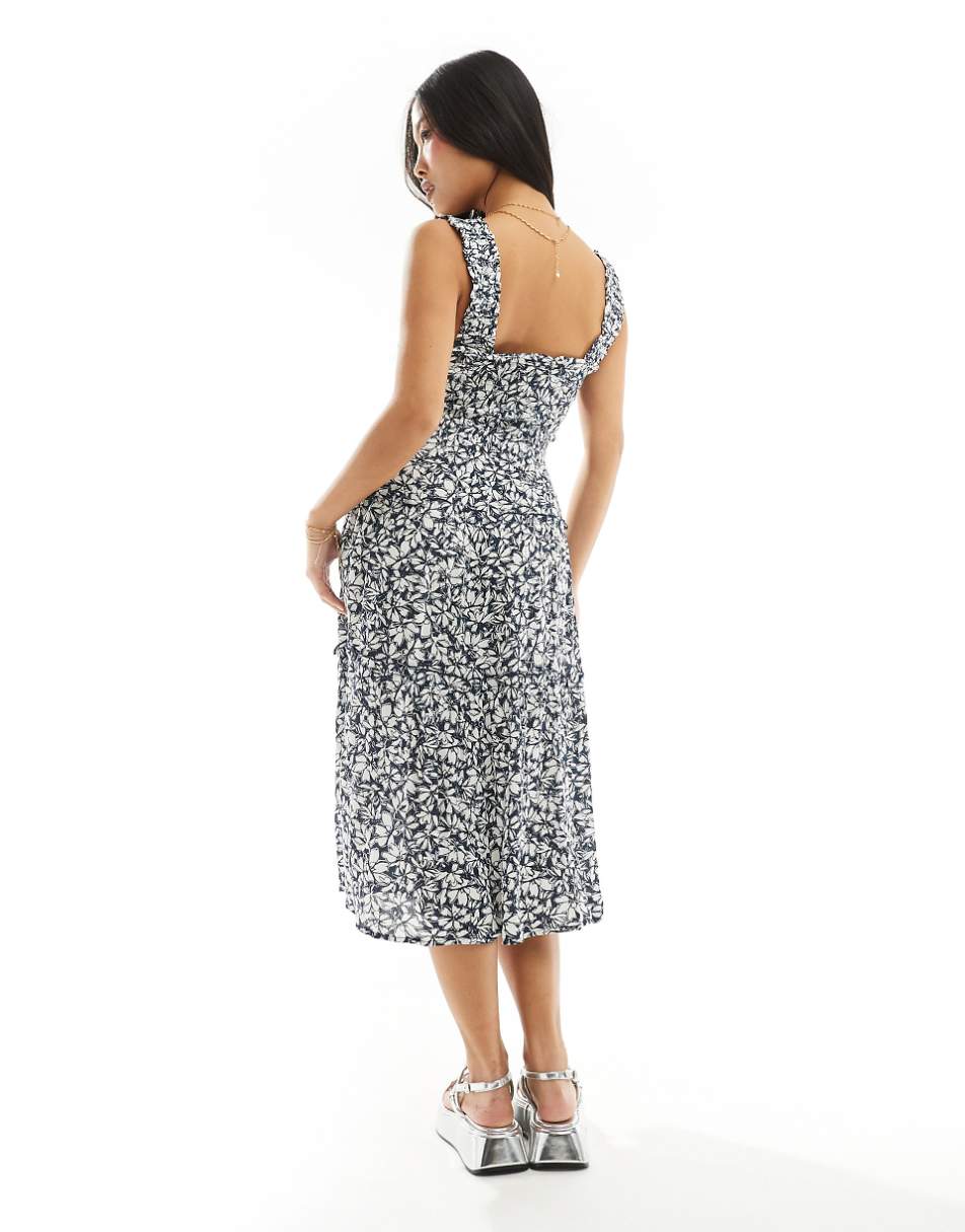 Vero Moda Petite shirred cami midi dress in navy blue floral