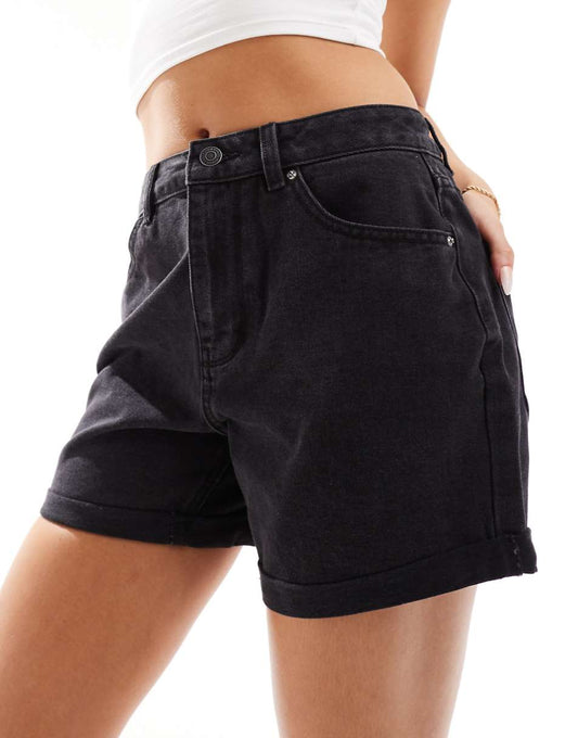 Vero Moda loose denim shorts with cuffs in washed black