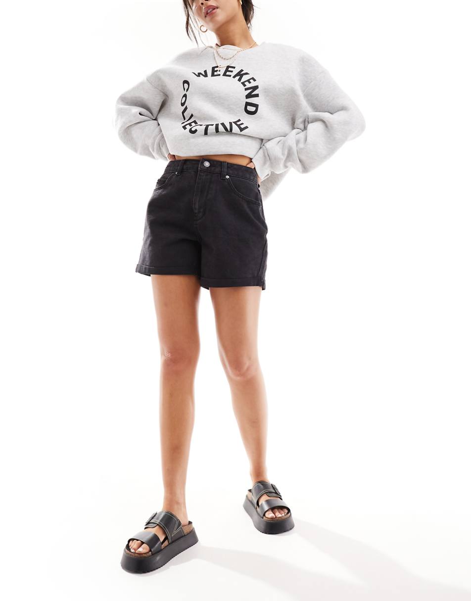 Vero Moda loose denim shorts with cuffs in washed black