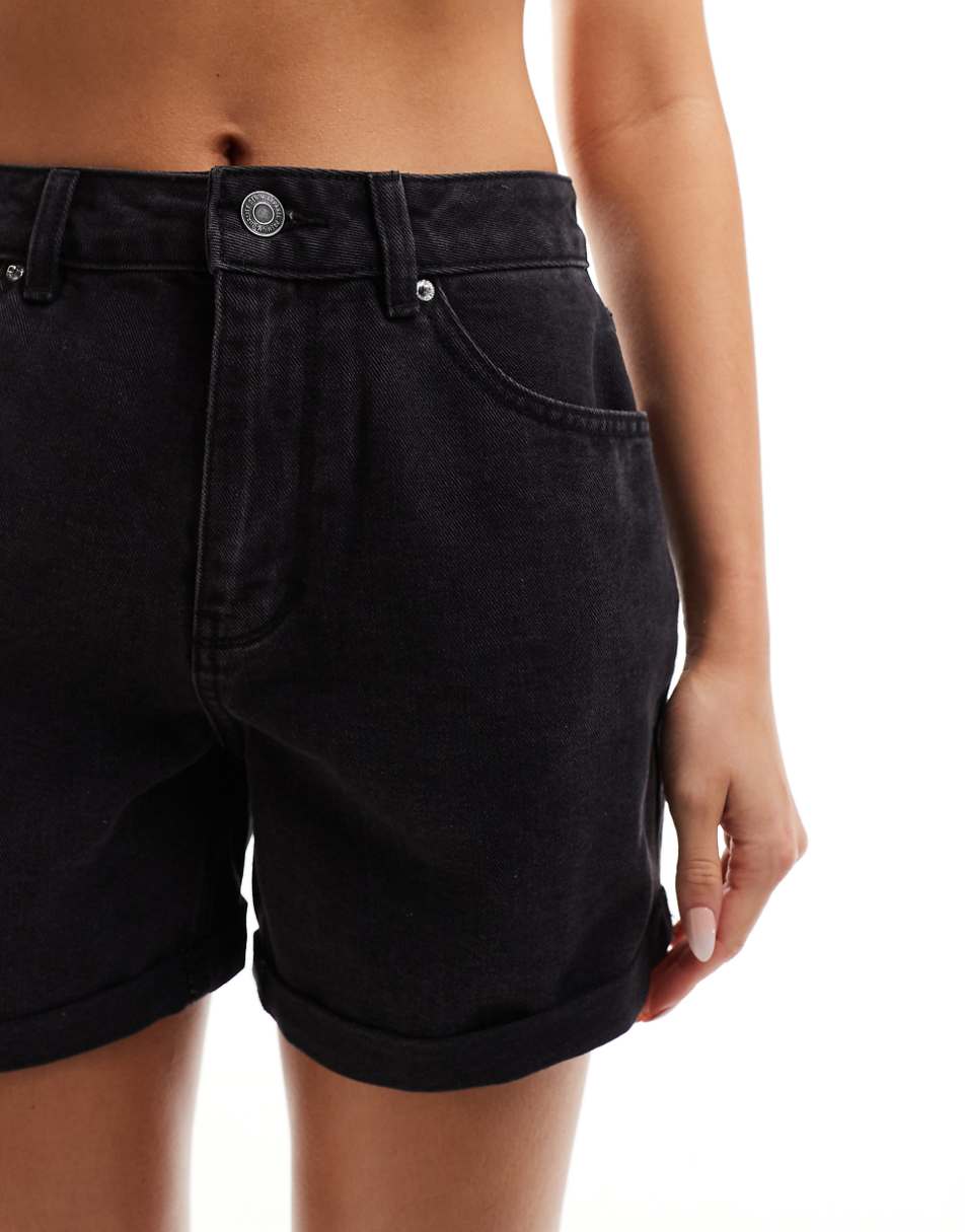 Vero Moda loose denim shorts with cuffs in washed black