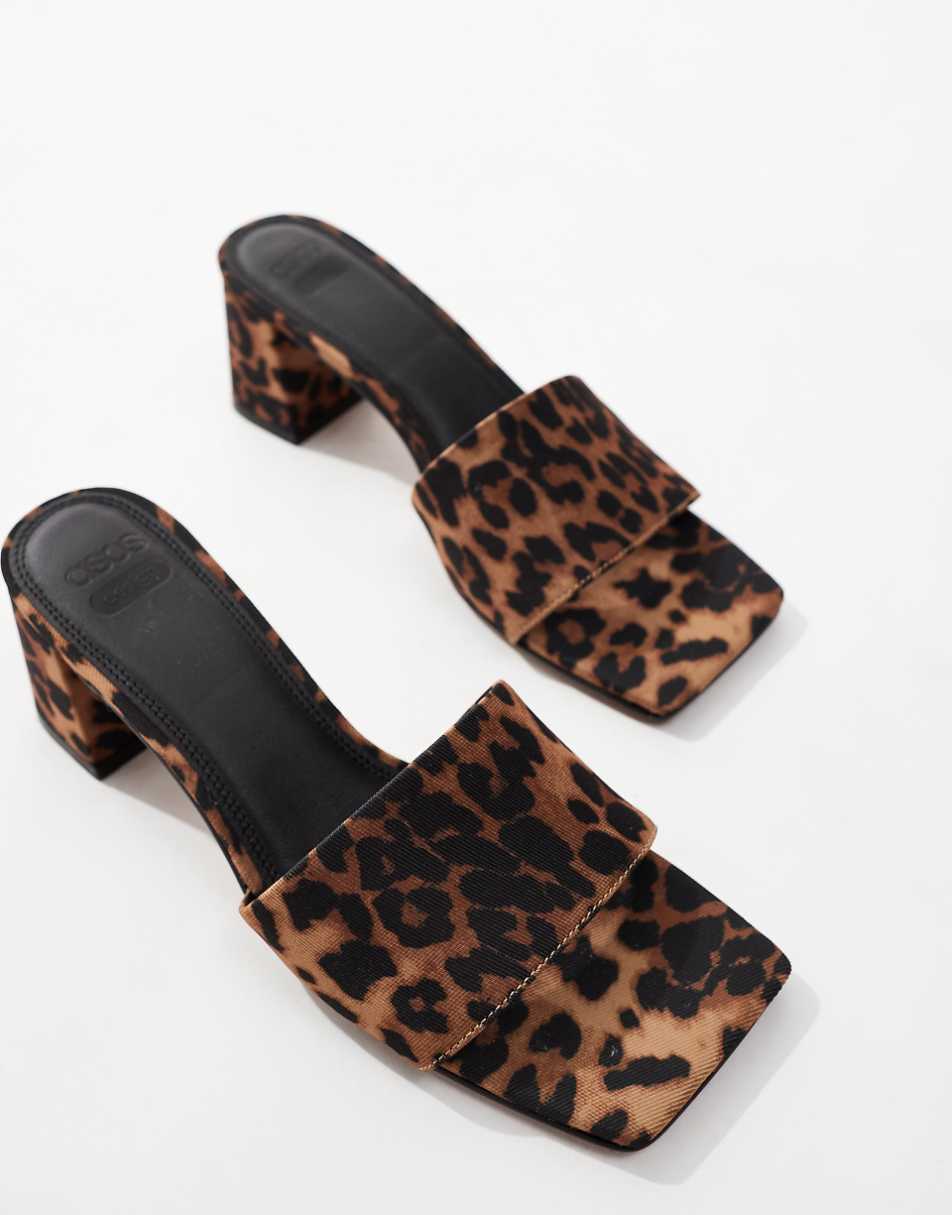 ASOS DESIGN Hundred mid block heeled mules in leopard