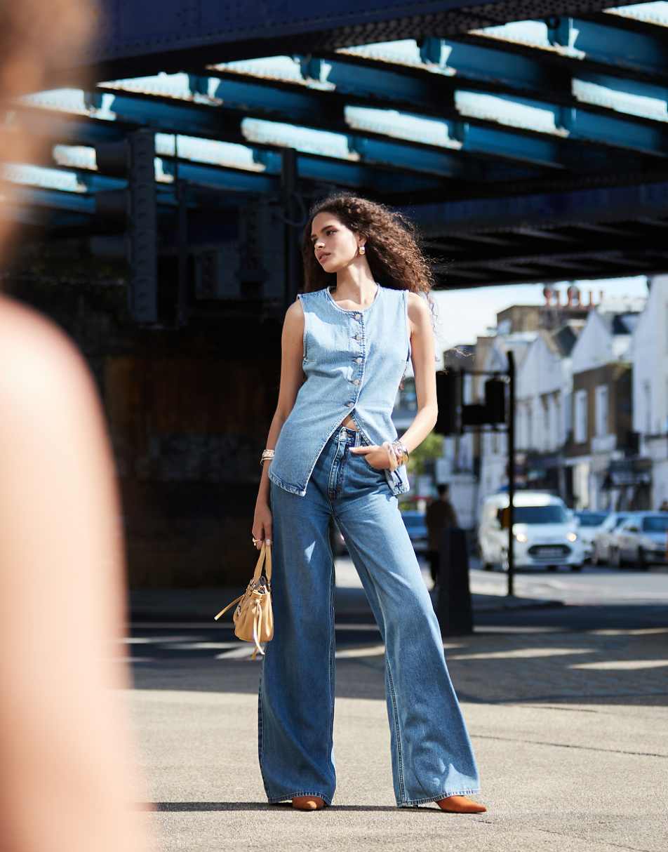 ASOS DESIGN denim vest with cinched waist in mid blue - part of a set