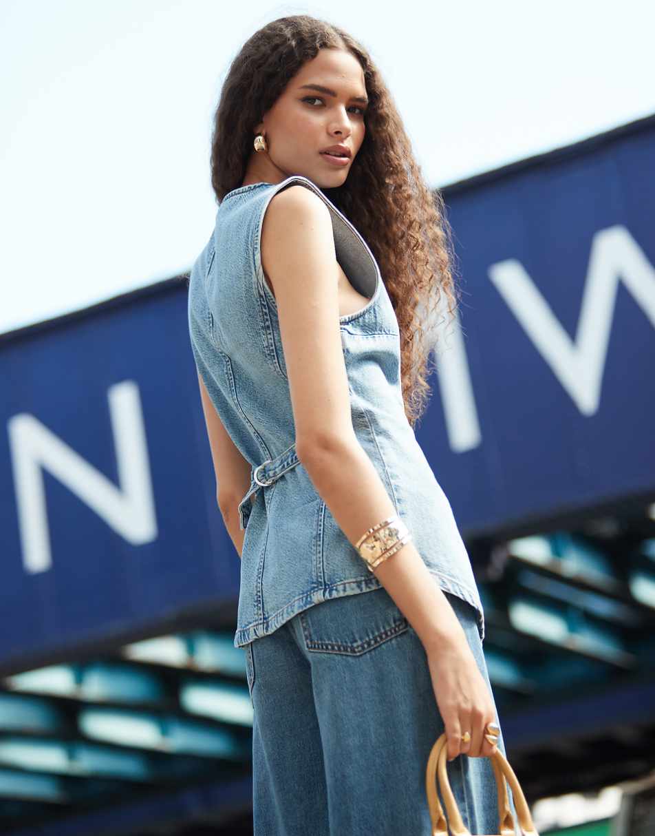 ASOS DESIGN denim vest with cinched waist in mid blue - part of a set