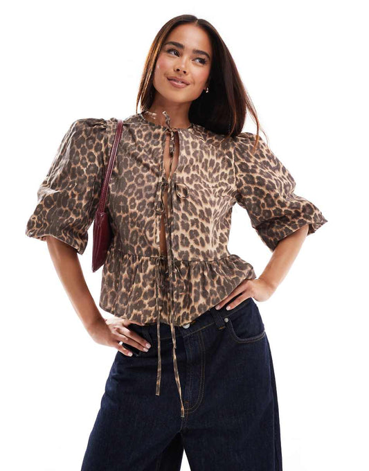 ASOS DESIGN cotton poplin peplum tie shirt top in leopard print