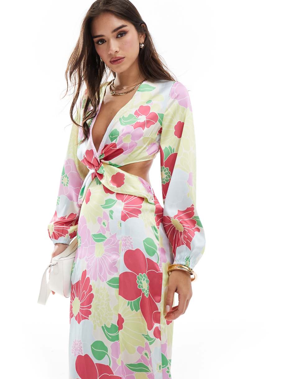 YAS satin cut out midaxi dress in pink retro floral