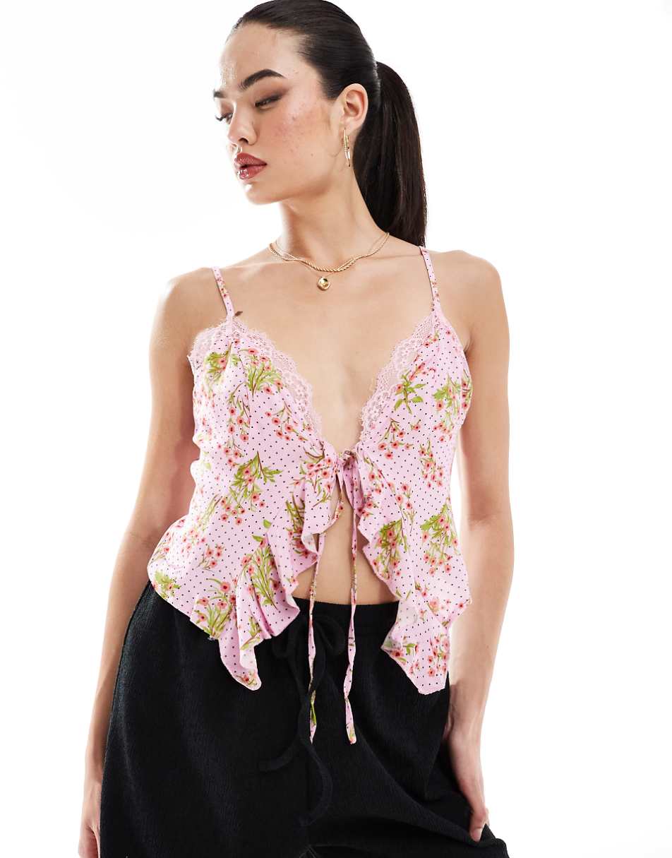 YAS cami frill detail top with tie front in pink floral spot print