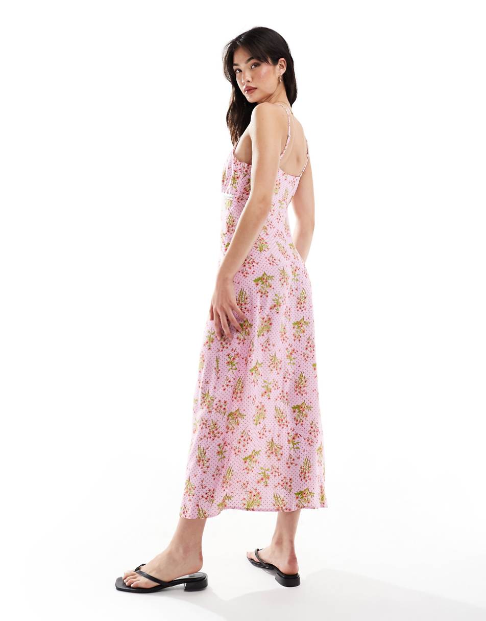 YAS cami maxi dress with lace detail and bow in pink floral spot print