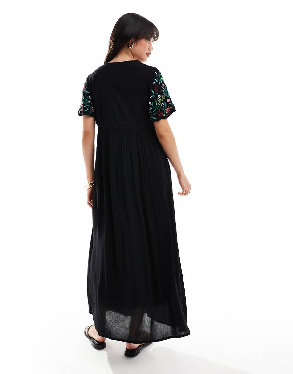 YAS embroidered v neck maxi dress in black