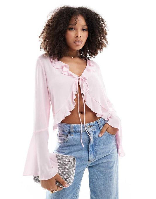 YAS frill detail tie front blouse in powder pink