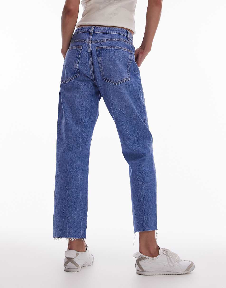 Topshop cropped mid rise straight jeans with raw hems in bright mid blue