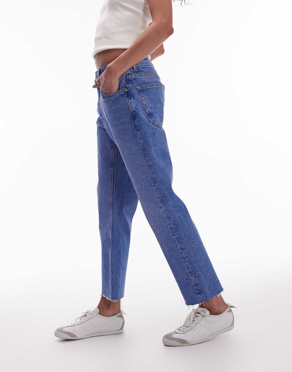 Topshop cropped mid rise straight jeans with raw hems in bright mid blue