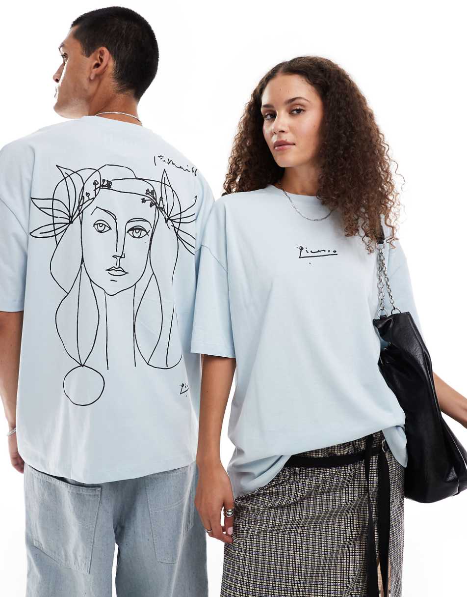 ASOS DESIGN unisex oversized licensed T-shirt with Picasso line drawing prints in blue