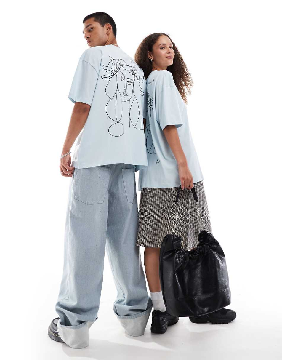 ASOS DESIGN unisex oversized licensed T-shirt with Picasso line drawing prints in blue