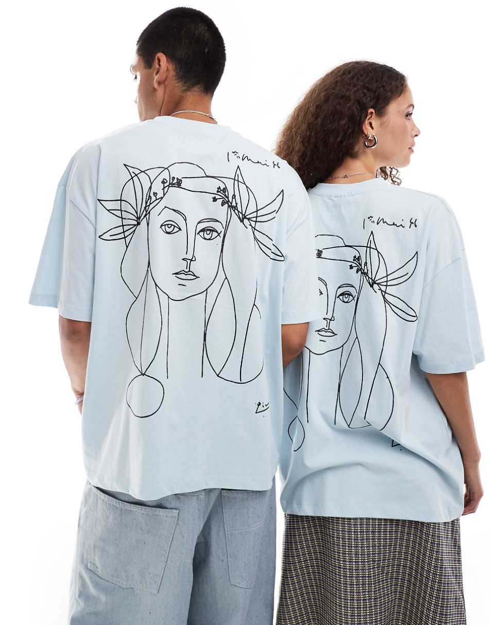 ASOS DESIGN unisex oversized licensed T-shirt with Picasso line drawing prints in blue