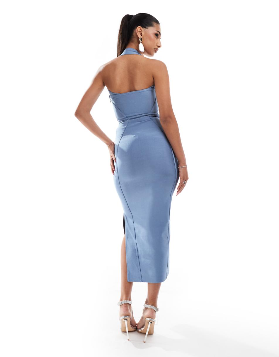 ASOS DESIGN bandage bandeau midi dress with halter detail in steel blue