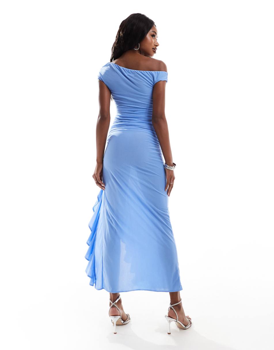 ASOS DESIGN cowl neck off the shoulder ruffle maxi dress in pale blue