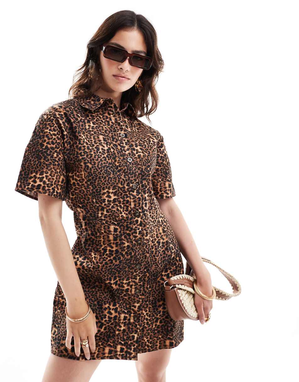 ASOS DESIGN mini twill shirt dress with seaming detail in animal print