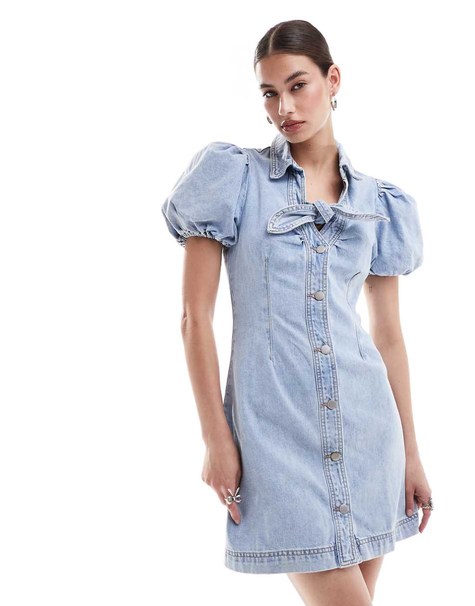 Urban Revivo bow detail mini denim dress in light blue wash