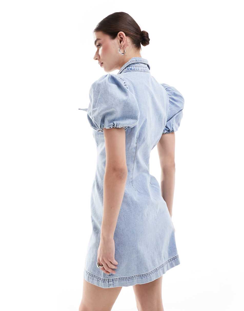 Urban Revivo bow detail mini denim dress in light blue wash