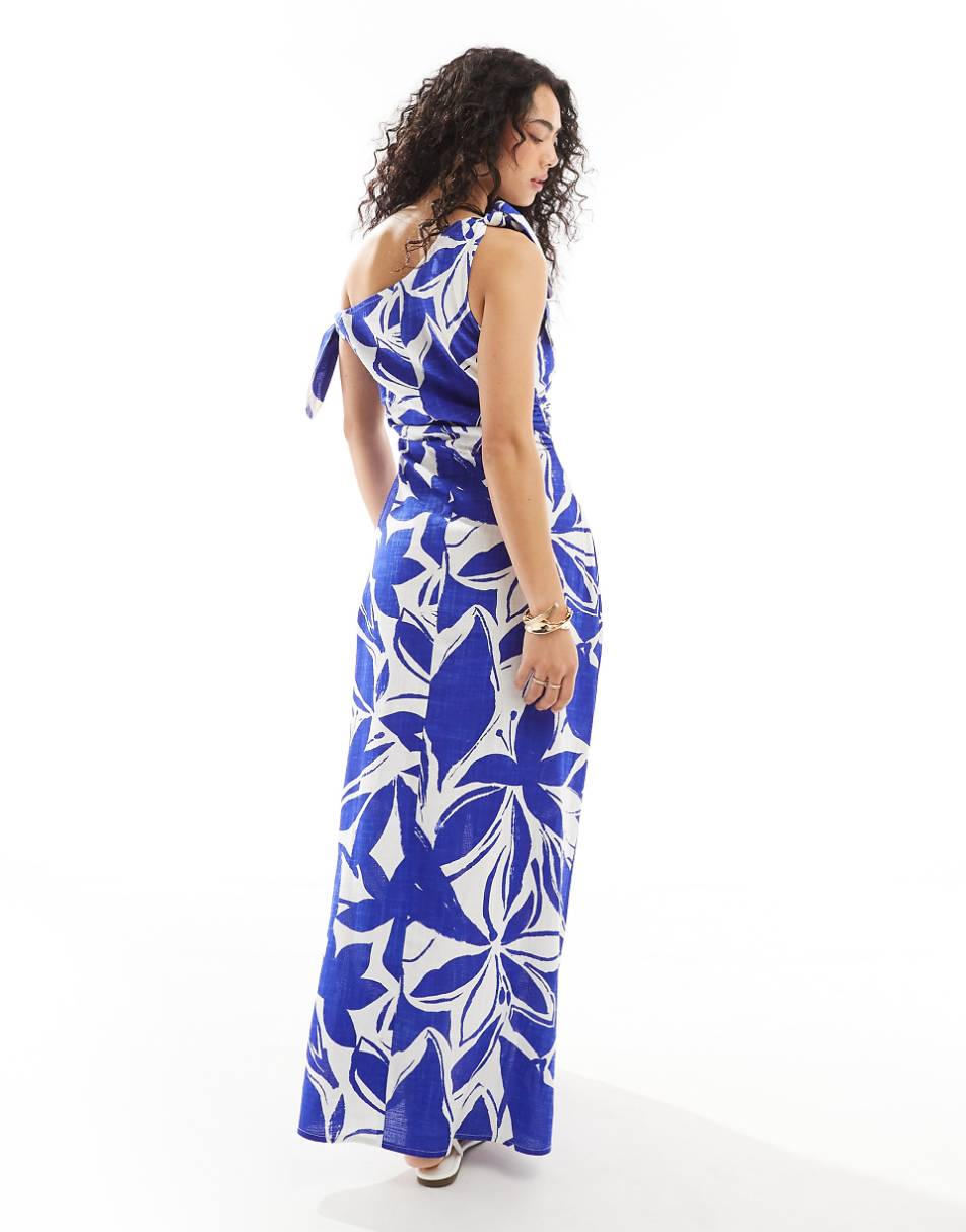 ASOS DESIGN off shoulder linen mix maxi dress with knot detail in abstract print