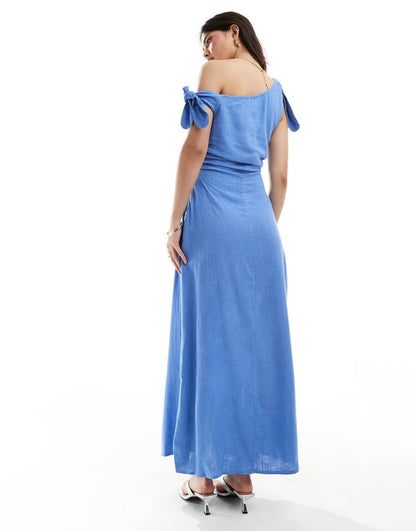 ASOS DESIGN off the shoulder linen look maxi dress with knot detail in blue