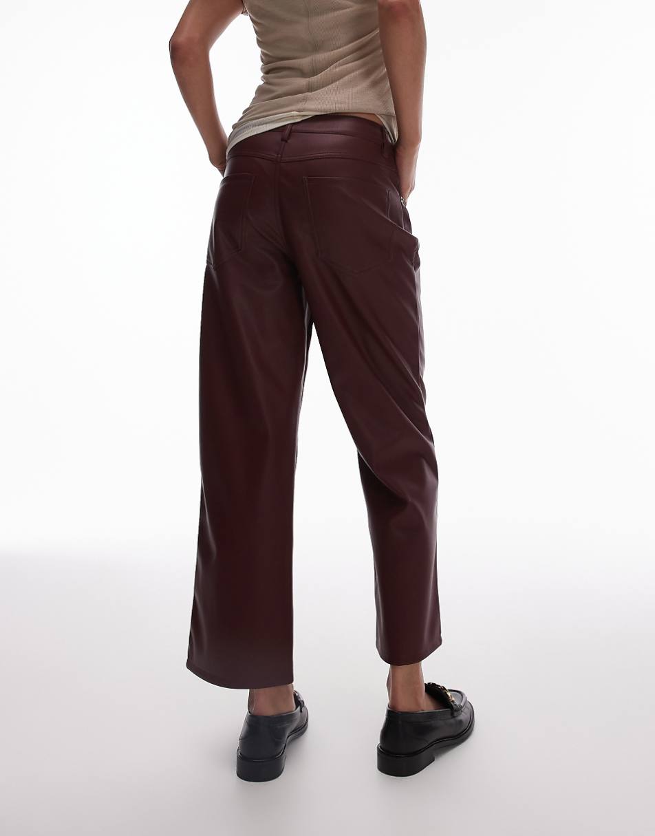 Topshop ankle grazer straight leg faux leather pants in oxblood