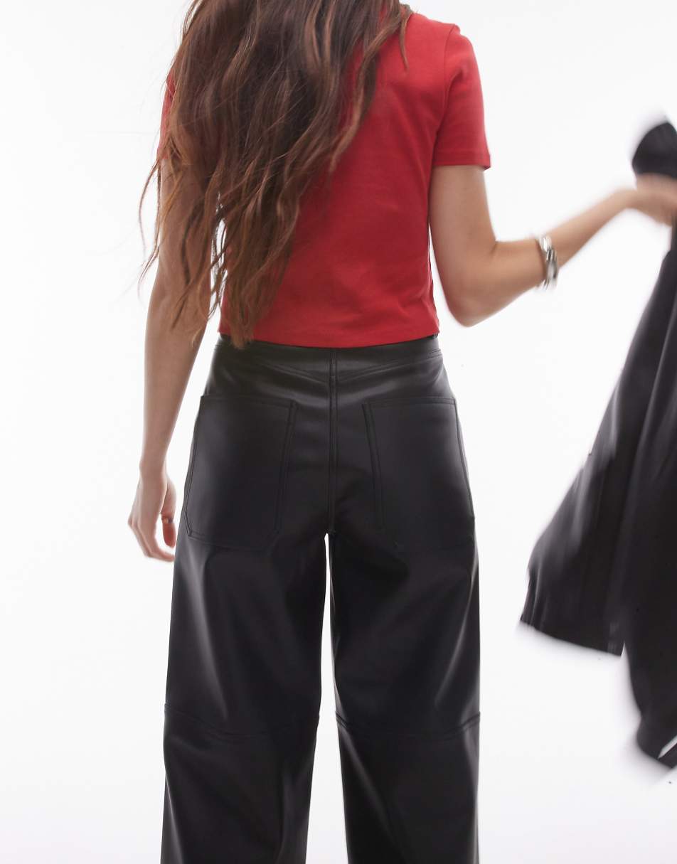 Topshop seam detail straight leg faux leather pants in black