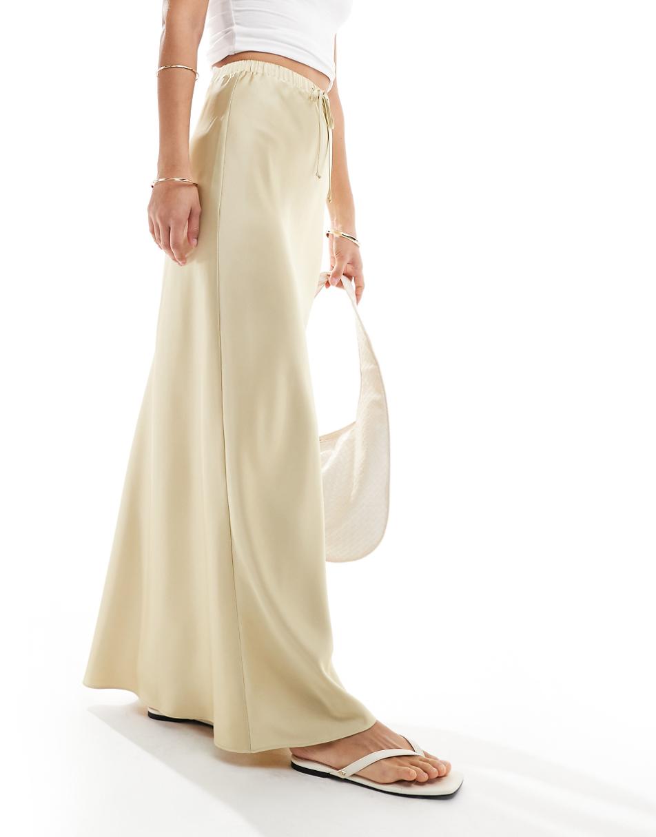 ASOS DESIGN satin bias cut tie waist maxi skirt in light khaki