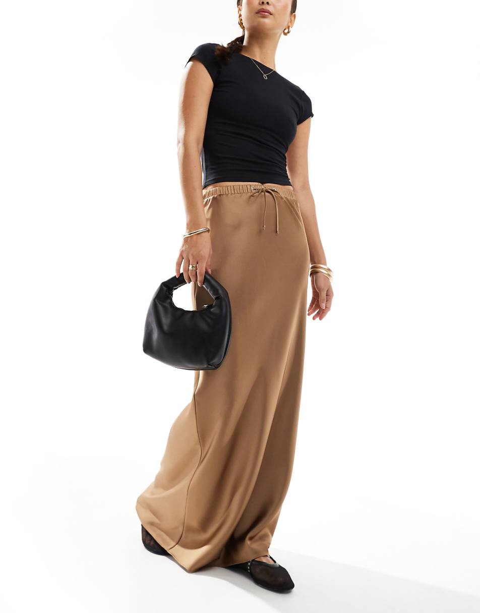 ASOS DESIGN satin bias tie waist maxi skirt in brown