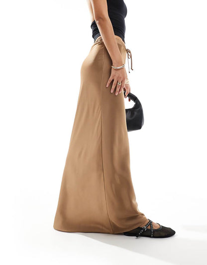 ASOS DESIGN satin bias tie waist maxi skirt in brown