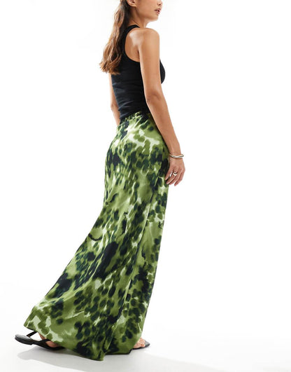 ASOS DESIGN satin bias tie waist maxi skirt in green animal print
