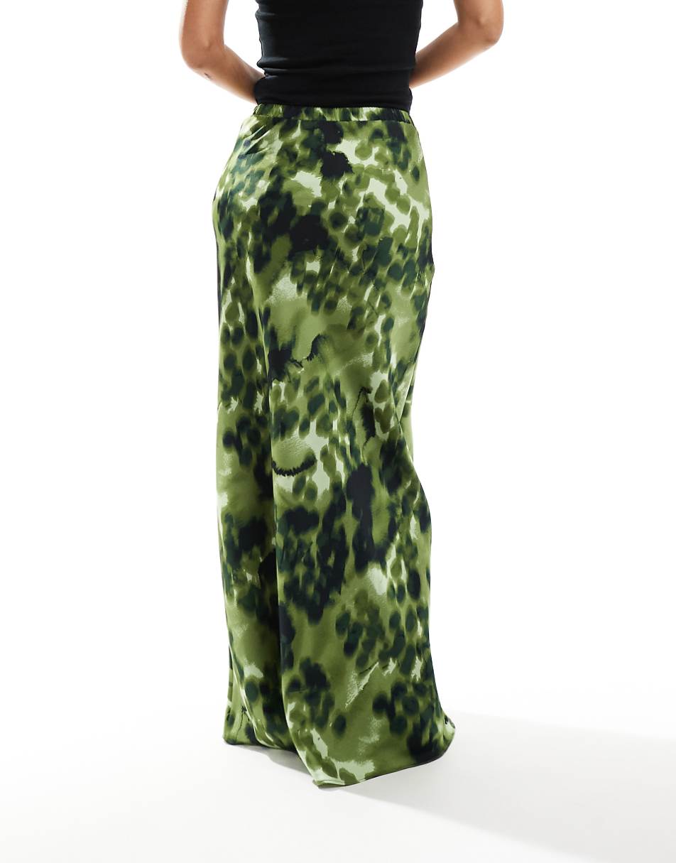 ASOS DESIGN satin bias tie waist maxi skirt in green animal print
