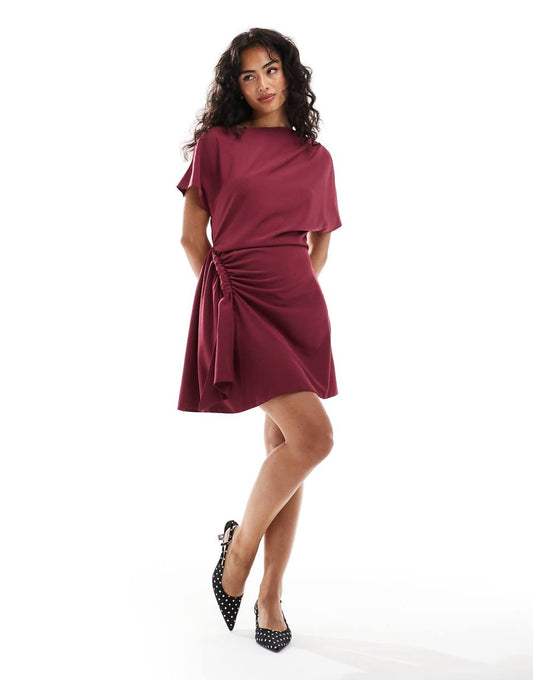 ASOS DESIGN dropped shoulder twist detail mini dress in burgundy