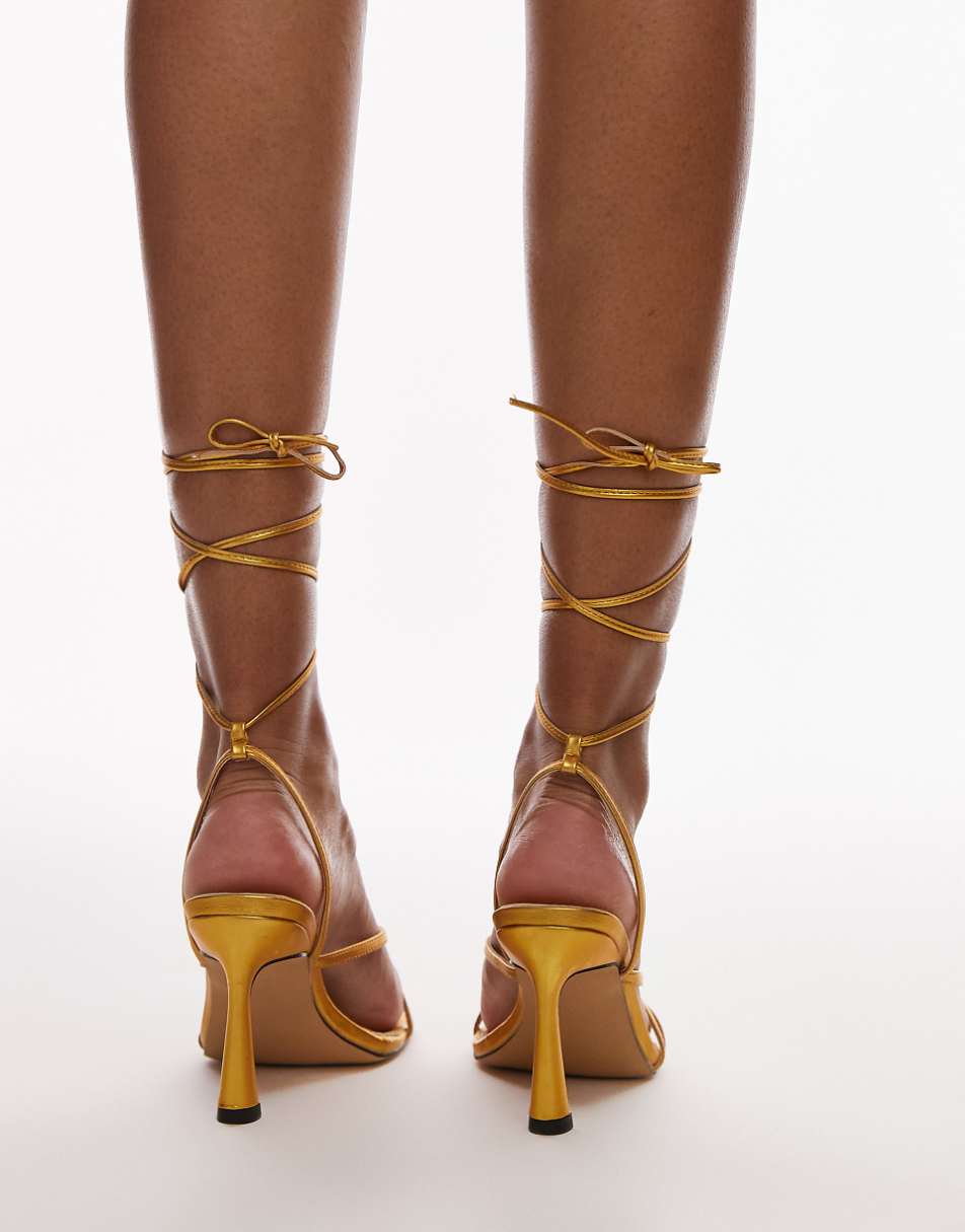 Topshop Wide Fit Faye strappy high heel sandals in gold