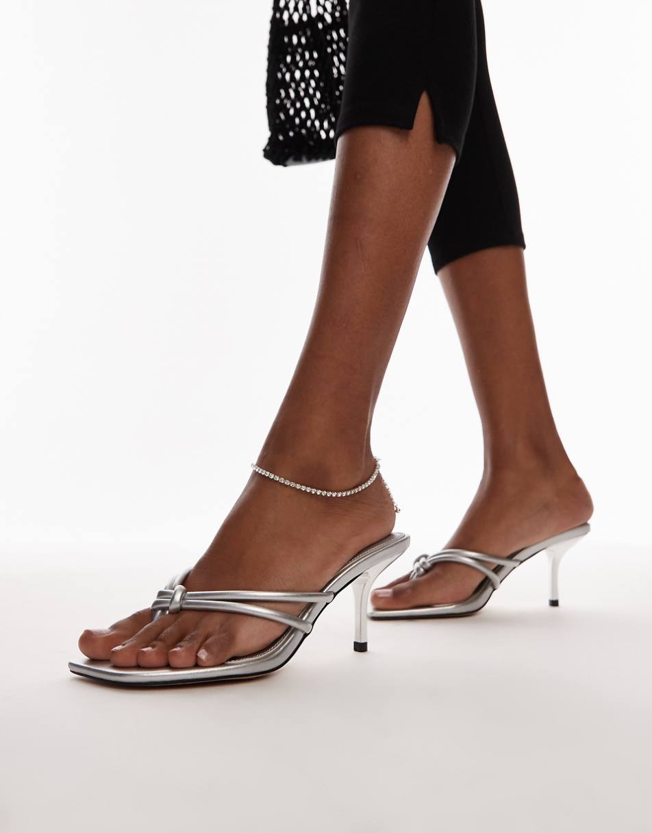 Topshop Femi toe post heeled sandals with knot detail in silver