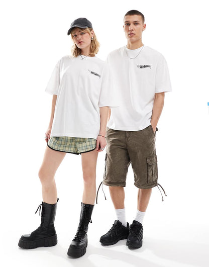 ASOS DESIGN unisex oversized licensed T-shirt with Hot Wheels graphic prints in white