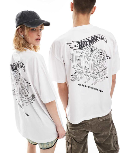ASOS DESIGN unisex oversized licensed T-shirt with Hot Wheels graphic prints in white