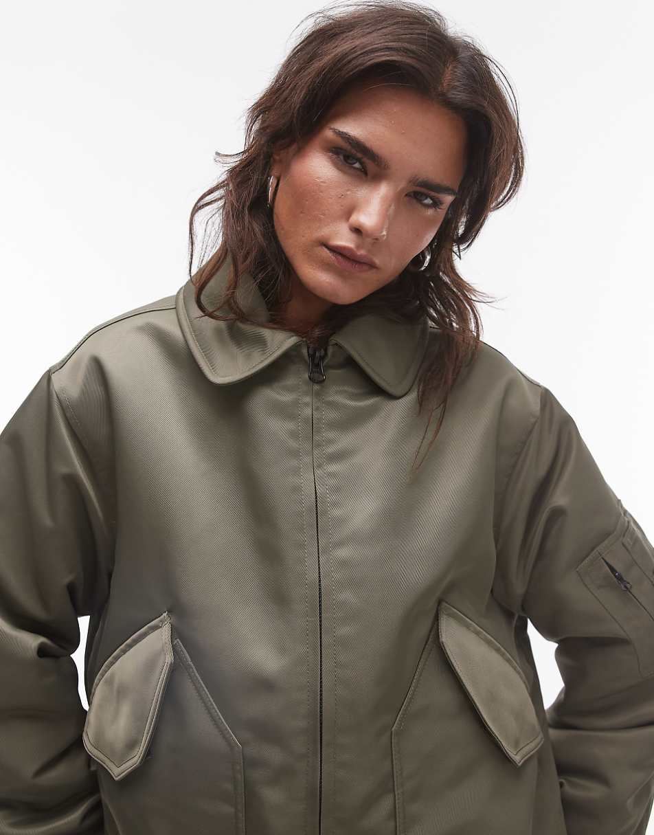 Topshop twill nylon bomber jacket in khaki