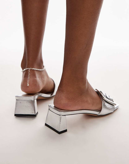 Topshop Ila heeled mules with buckle in silver