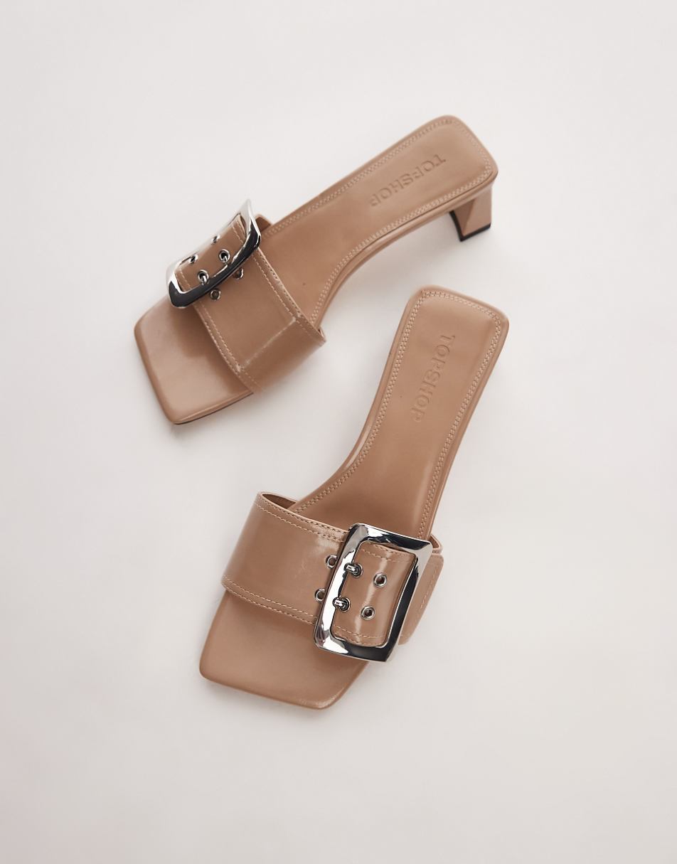 Topshop Ila heeled mules with buckle in taupe