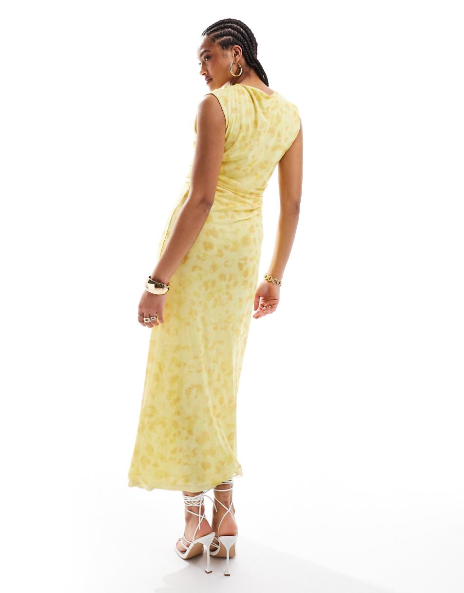 & Other Stories mesh midi dress with drape detail in yellow floral print