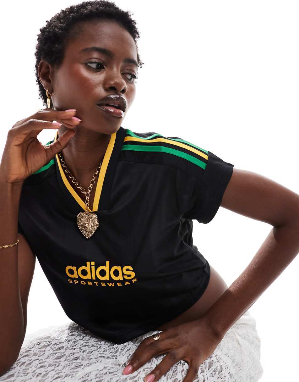 adidas Soccer Tiro crop T-shirt in black with yellow and green stripes