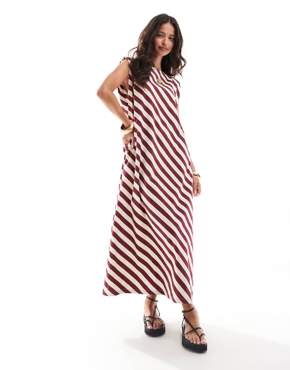 ASOS DESIGN cotton shapeless midi dress with shoulder pads in burgundy stripe